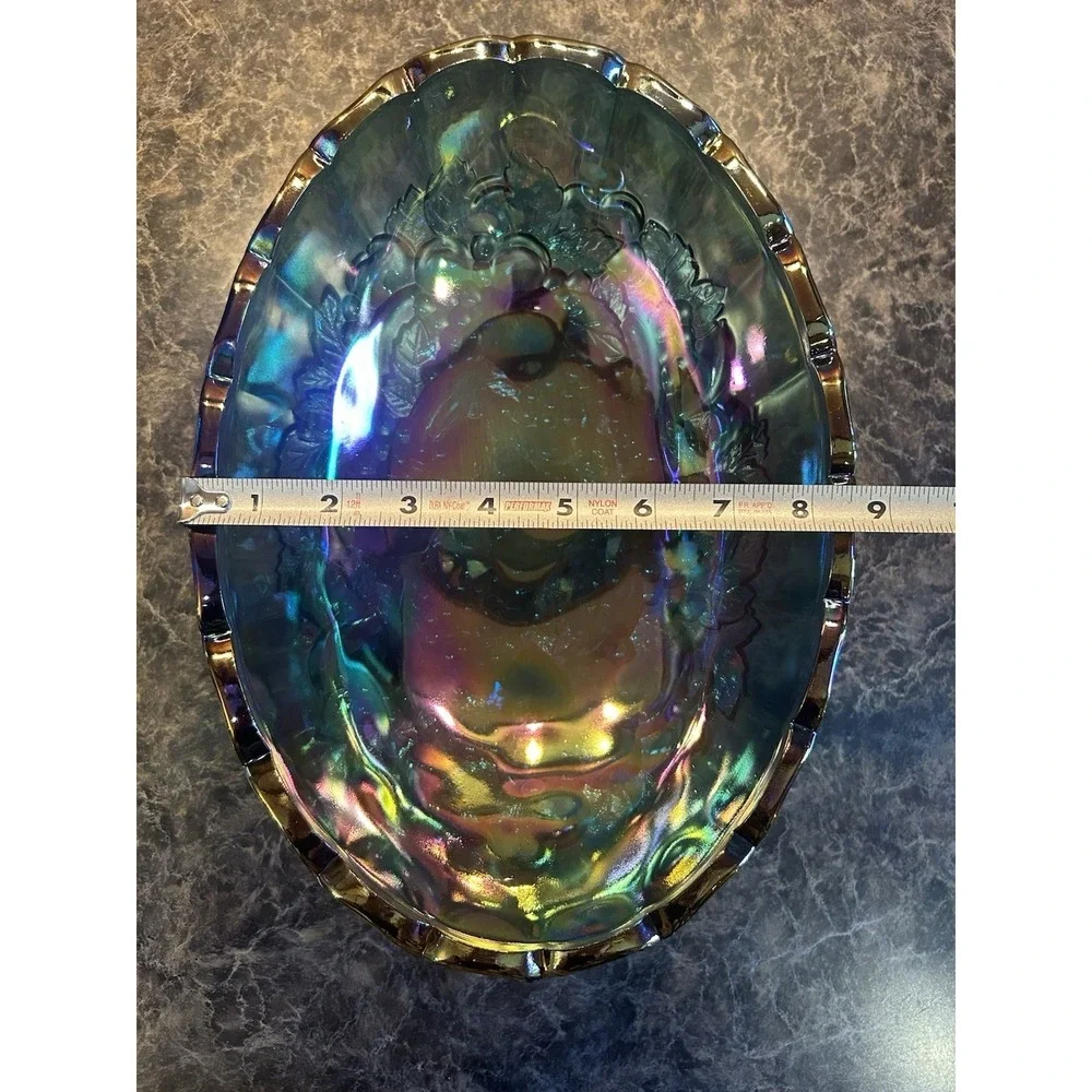 VTG Indiana Iridescent Carnival Glass BLUE Harvest Grape Footed Fruit Bowl